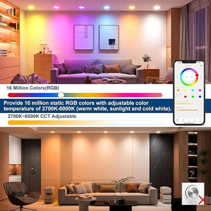 SikSog Smart Recessed Lighting 4 Inch RGBCW Color Changing 12W LED Downlight with Junction Box,1100 Lumen Recessed Ceiling Light Compatible with Alexa,Dimmable by Bluetooth Control -6Pack