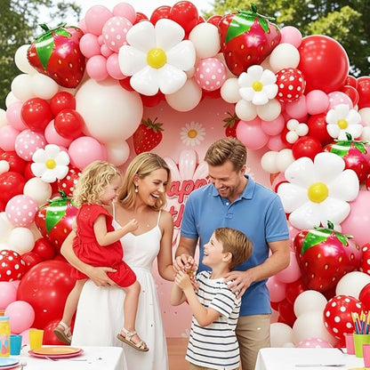 Strawberry Balloon Arch Kit 188Pcs with Strawberry Daisy Foil Balloons, Red Pink White Balloons for Sweet One Berry First Birthday Wedding Baby Shower Gender Reveal Girls Princess Party Decor