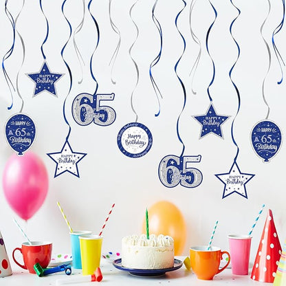 Happy 65th Birthday Blue & Silver Glitter Swirls Streamers Party Decorations - 15 Pcs 65th Birthday Hanging Swirls Streamers Kit,Perfect for 65th Bday Party Sign.