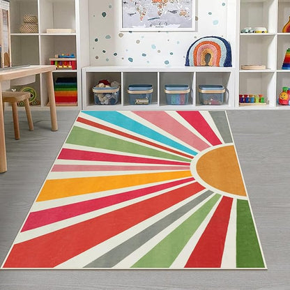 STARUIA Kids Rug 5'x7', Boho Washable Rainbow Nursery Rug, Non-Slip Soft Carpet for Playroom, Classroom, Office, Dining Room