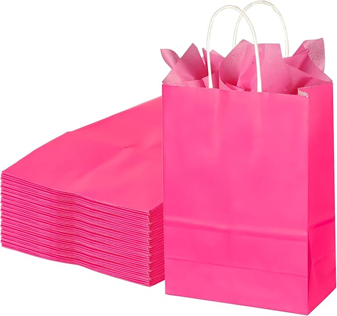 BLEWINDZ 32Pcs Small Paper Gift Bags with Tissues, Hot Pink Party Favor Bags with Handles, 8.7" Goodie Bag for Birthday, Shopping, Party Supplies