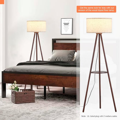 BTP Wood Tripod Floor Lamp for Living Room, 3 Color Temparature LED Bulb Included, Mid Century Modern Wooden Shelf Floor lamp with Linen Shade for Bedroom, Office, Walnut Wood Color