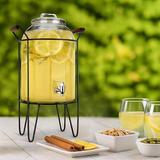 3 Gallon Glass Ice Cold Beverage Dispenser - With Glass Lid and Handle Drink Dispenser With Metal Stand, 100% Leak Proof Spigot- Wide Mouth Easy Filling For Outdoor, Parties & Daily Use