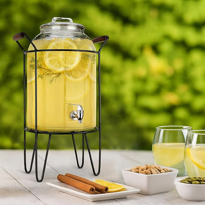 3 Gallon Glass Ice Cold Beverage Dispenser - With Glass Lid and Handle Drink Dispenser With Metal Stand, 100% Leak Proof Spigot- Wide Mouth Easy Filling For Outdoor, Parties & Daily Use