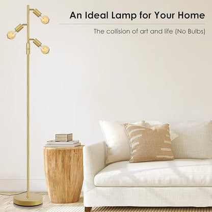 BoostArea Tree Floor Lamp, Brass Gold Industrial Floor Lamp, Modern Standing Lamp with Adjustable 3 Light, E26 Socket, Rotary Switch, Boho Stand Up Lamp Pole Lamps for Living Room, Bedroom (No Bulbs)
