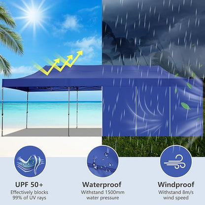COBIZI 10x30 Heavy Duty Pop Up Canopy Tent with 8 Sidewalls Thicken Frame, Commercial Easy Up Outdoor Wedding Party Tents, All Season Waterproof Windproof with Stakes Sandbags Roller Bag, Navy Blue