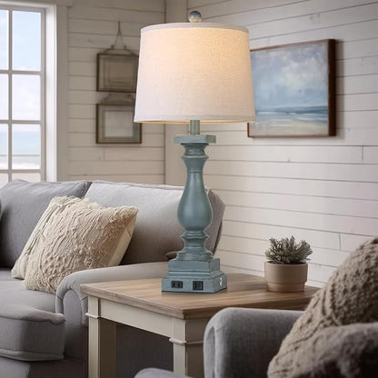 28" Tall Farmhouse Table Lamps Set of 2 with USB C+A Ports and AC Outlet, 3 Way Touch Control Rustic Bedside Lamp for Bedroom, Blue Vintage Nightstand Lamp for Living Room Office