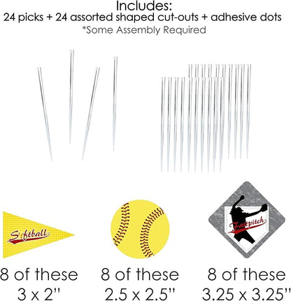 Big Dot of Happiness Grand Slam - Fastpitch Softball - Dessert Cupcake Toppers - Birthday Party or Baby Shower Clear Treat Picks - Set of 24