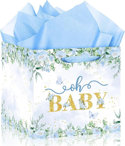 Woosytoo Extra Large Baby Boy Gift Bag, Baby Shower Square Gift Bags Blue Floral Wrapping Paper Bag Oh Baby Jumbo Gift Bags for Boys New Parents Gender Reveal Party Favors