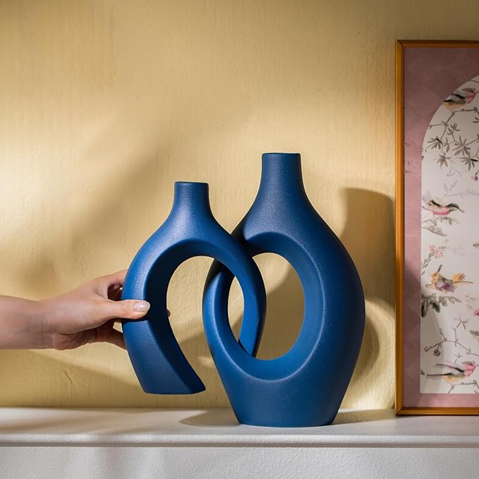 Levvohd Snuggle Hollow Ceramic Vase Set of 2, 11 inch Modern Nordic Coastal Shaped Pampas Grass Aesthetic Decorative Table Vases for Living Room Shelf Home Decor (Matte Navy Blue -L)