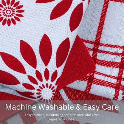 Assorted Kitchen Towels Set of 5-100% Cotton Dish Cloths Towels with Hanging Loop - Soft, Absorbent & Washable for Kitchen Use - Quick Drying Dish Towels 16x26 Inch Red