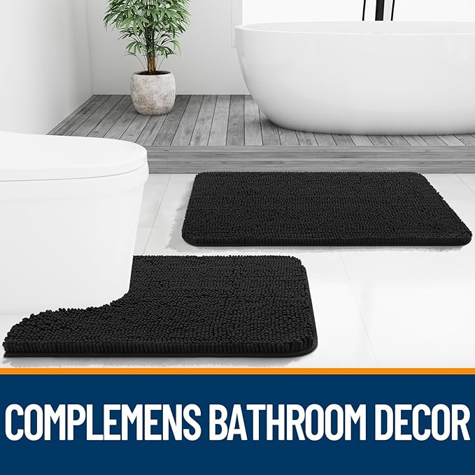 OLANLY Toilet Rugs U-Shaped 20x20, Extra Soft Absorbent Chenille Contour Bathroom Rugs for Toilet, Dry Quickly, Machine Washable, Non-Slip Bath Mat, Black