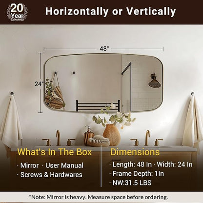 ANDY STAR 24x48 Gold Bathroom Mirror, Oblong Brass Mirror with Stainless Steel Metal Frame, Brushed Gold Oval Vanity Mirror for Over Sink, Modern Anti Rust Wall Mounted