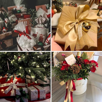 Gold Christmas Ribbon, Gold Burgundy Satin Ribbon 1-1/2 Inch 50 Yards Fabric Ribbons for Christmas Party Decorations, Gift Wrapping, Tree Ornaments, Bouquets, Door Wreaths, Bows Making and DIY Crafts