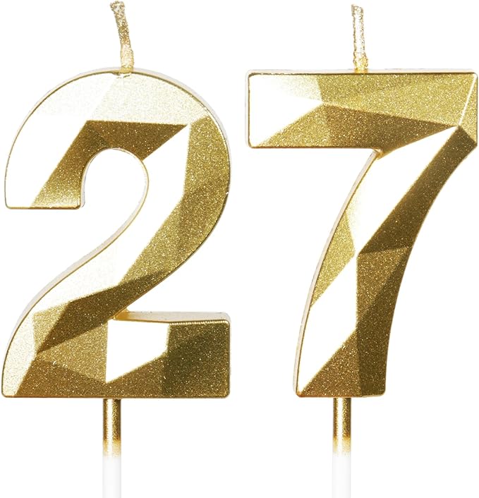 27th Birthday Candles,Number 27 Candles, Gold Happy Birthday Candle for Cake,3D Design Cake Topper Decorations for Women Men Birthday Party Wedding Anniversary Celebration Supplies
