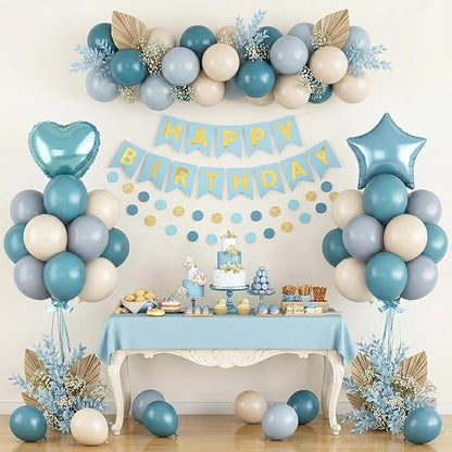 Blue Birthday Party Decorations for Boys Men Dusty Blue Sand White Balloon Set with Star Heart Foil Balloons Happy Birthday Bunting Banner Garland Navy Light Cream Beige Party Decor Kit Baby Girls