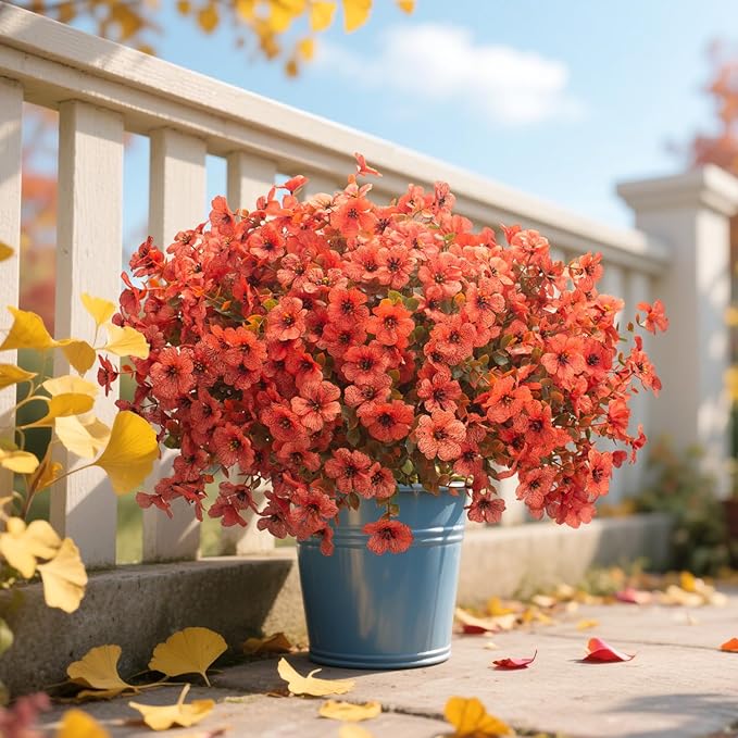 Fall Outdoor Artificial Flowers 16 Bundles - UV Resistant Faux Daisy with Eucalyptus Leaves, Weatherproof Fake Plants for Porch, Patio, Garden Decor, Indoor Outdoor Decor (Fall Orange Red)