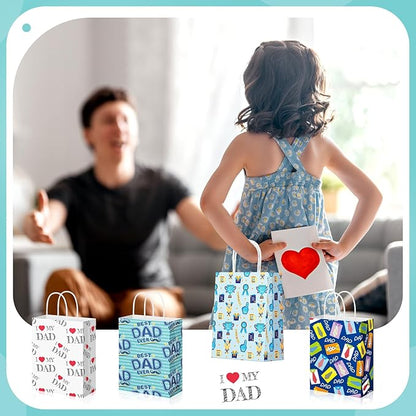 Gilprop 48 Pcs Father's Day Gift Bags Bulk Dad Party Supplies, 8 Inch Happy Father's Day Paper Treat Goodie Bags with Handle, Dad Ever Gifts Favors for Him Birthday Anniversary