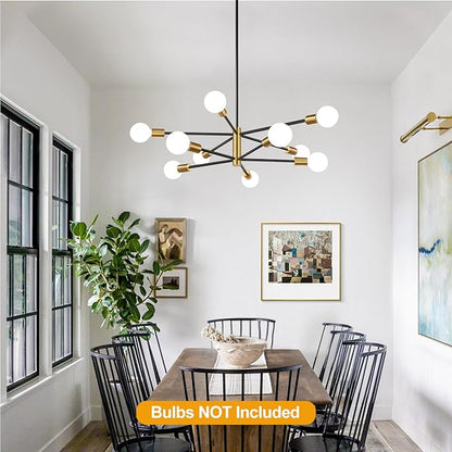 10.9"-52.3" Height Adjustable Modern Chandelier Ceiling Light Fixture, 10-Light Sputnik Chandeliers Brushed Gold and Black Dining Room Light Fixture, Chandeliers for Dining Room (Bulbs Not Included)