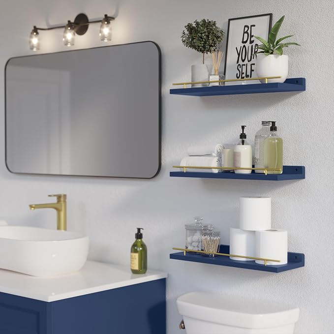 WOPITUES Floating Shelves with Gold Metal Guardrail, Shelves