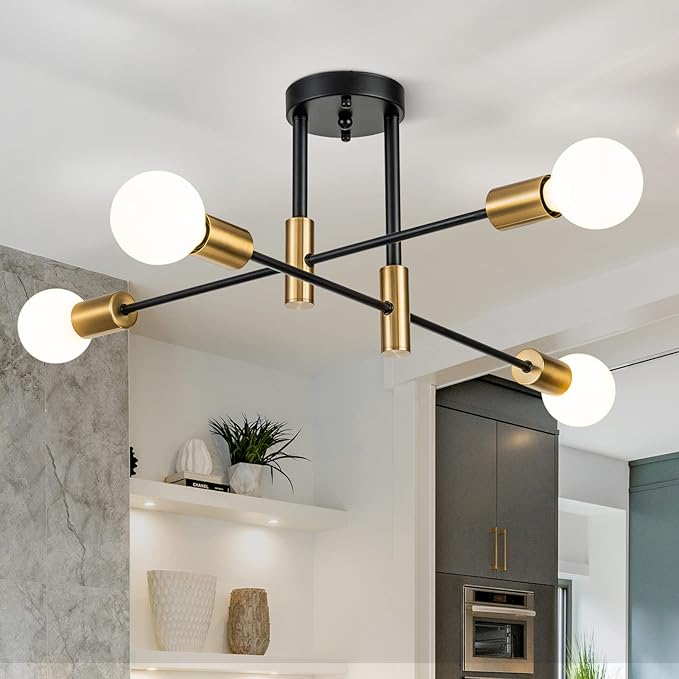 4-Light Black Modern Sputnik Chandeliers, Gold Semi Flush Mount Ceiling Light Fixture, Mid Century Farmhouse Kitchen Lighting Fixtures Ceiling Mount for Living Room Dining Room Bedroom