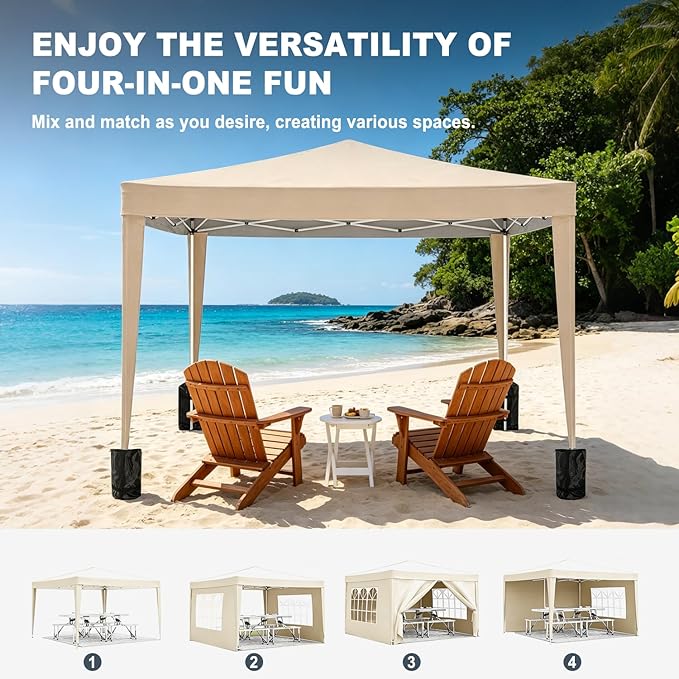 10x10 Pop Up Canopy Tents for Parties, Portable Outdoor Tent with Carry Bag & 4 Sandbags, for Wedding, Patio Events, Commercial, Birthday, Graduation (Beige, 10x10)