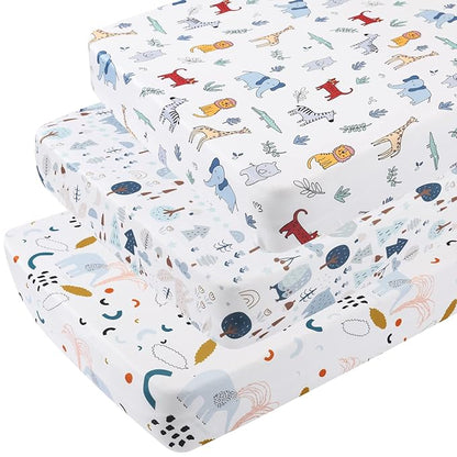 Onacosht Pack and Play Sheets 3 Pack for Baby Boy, Stretchy Jersey Knitted Portable Mini Crib Sheets Playard Mattress Cover, Woodland Animal Elephant Fox Lion Bear Giraffe Zebra Printing