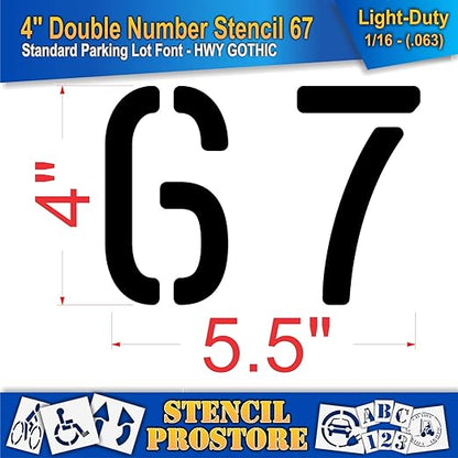 Pavement, Curb, and WheelStop Stencils - 4 inch Double Number Stencil - (67) - 4" x 5.5" x 1/16" (63 mil) - Light-Duty