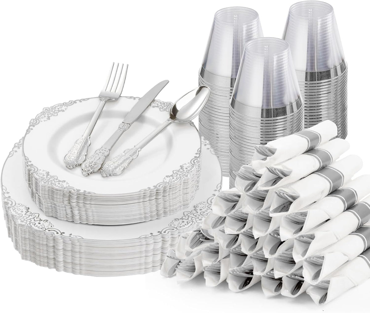 175PCS White and Silver Plastic Plates for 25 Guests, Disposable Dinnerware Sets Include 50 Plastic Plates, 25 Silverwares, 25 Cups, and 25 Pre Rolled Napkins for Party, Graduation