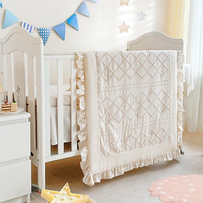 Wowelife Crib Bedding Set for Girls, 3PCs Boho Crib Comforter Set Beige, Ruffle Baby Crib Bedding Set Nursery Bedding Sets for Girls and Boys, Include Quilted Comforter, Crib Skirt and Sheet, Beige