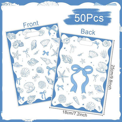 Falueqg Seashell Birthday Party Favors - 50 Pcs Ocean Seashell Beach Goodie Candy Gift Bags Ocean Shell Blue Bow Party Supplies for Summer Wedding Birthday Baby Shower Decorations