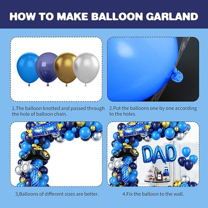 Happy Fathers Day Decoration, Navy Blue Father's Day Balloon Arch, Blue Gold Balloon Garland Kit with Beard Tie & DAD Foil Balloons for Happy Father's Day Family Birthday Party Decoration Supplies