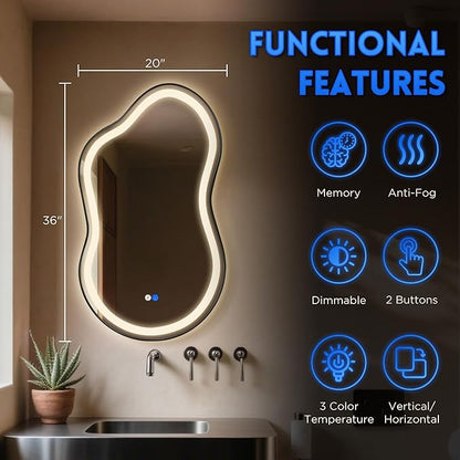 Dorlicecass Irregular Led Bathroom Mirror- Black 20"x36" Single Piece Vanity Mirror with Lights IP54 Enhanced Anti-Fog, 3 Colors Dimmable, Memory,Tempered Glass,UL Listed