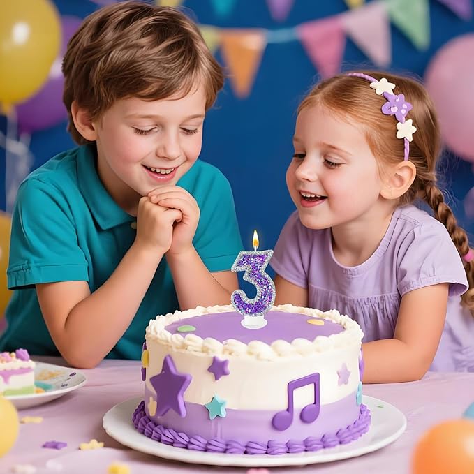 K-pop Number 3 Birthday Candle, Star Glitter Filled Number Candle, Purple Silver Fantasy Cake Topper for Birthday Party Decoration