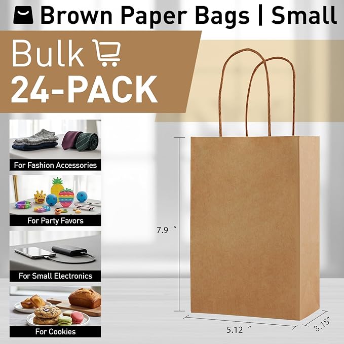 SUNCOLOR 24-Pack Brown Gift Bags with Handles, 7.9x5.12x3.15 Inch, Small Paper Bags for Goodies, Rustic Weddings, Business Events, DIY Crafts, Party Favors & Shopping