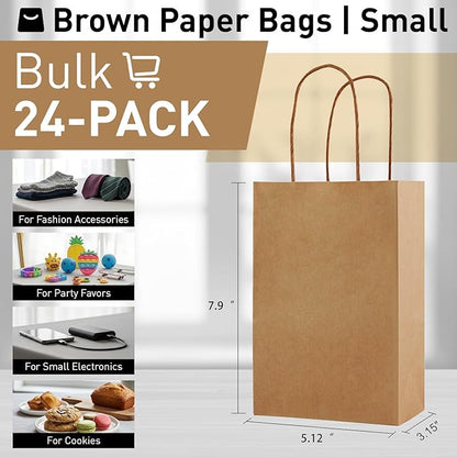 SUNCOLOR 24-Pack Brown Gift Bags with Handles, 7.9x5.12x3.15 Inch, Small Paper Bags for Goodies, Rustic Weddings, Business Events, DIY Crafts, Party Favors & Shopping