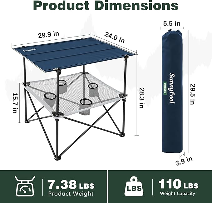 SUNNYFEEL Folding Camping Table- Collapsible Portable Beach Table with 4 Cup Holders & Carry Bags, Tailgate Table for Outdoor Excursion Picnic Hiking Fishing Travel Parties, Blue