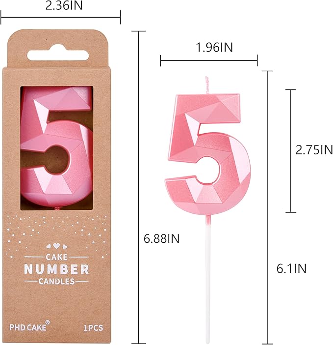 PHD CAKE 2.76 Inch Crystal Pink 5 Number Birthday Candles, Pink Number Candles, Cake Number Candles, Party Celebration