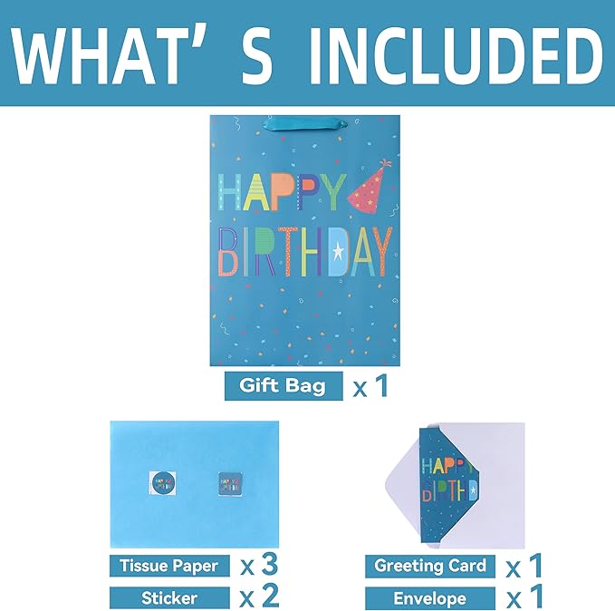 Qirrmiy 16.5" Extra Large Happy Birthday Gift Bag Set with Handles, Greeting Card, Blue Tissue Papers and Stickers for Boys Teens for Baby, Kid's Birthday Party, Newborn, Cute Design, 1 Pcs