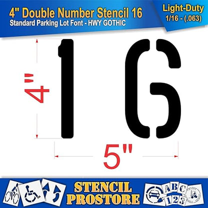 Pavement, Curb, and WheelStop Stencils - 4 inch Double Number Stencil - (16) - 4" x 4" x 1/16" (63 mil) - Light-Duty