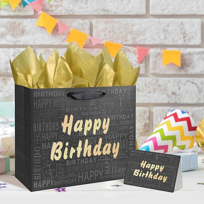 Laidans 13" Large Black and Gold Happy Birthday Gift Bag with Tissue Paper and Card for Men Women Birthday
