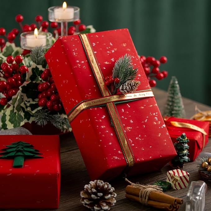 MAYPLUSS Gift Wrapping Paper Roll - 17Inch x 16.5Feet - Elegant Red Gold Foil Design Shiny Flakes Silky Touch Thick Matte Gift Wrap Paper for Christmas, Wedding, Birthday, Holiday,Celebrations