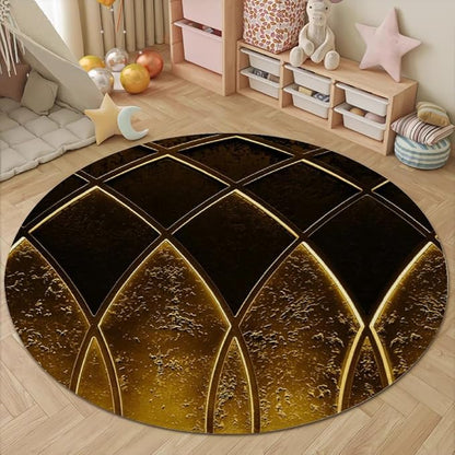 Luxury Black Gold Round Rug Vintage Golden Texture Living Room Circle Area Rugs 6ft Washable Soft Non Slip Low Pile Indoor Floor Carpet for Bedroom Office Kitchen Coffee Table