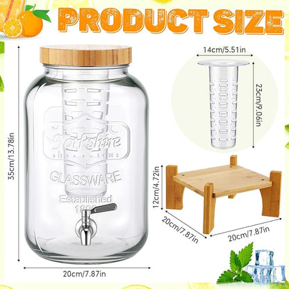 Honeydak 2 Pack 2.6 Gallon Glass Drink Dispenser for Parties, Large Beverage Dispensers with Wooden Stand, Lid & Stainless Steel Spigot for Wedding, Bars, Restaurants, Juice, Water, Lemonade, Cocktail