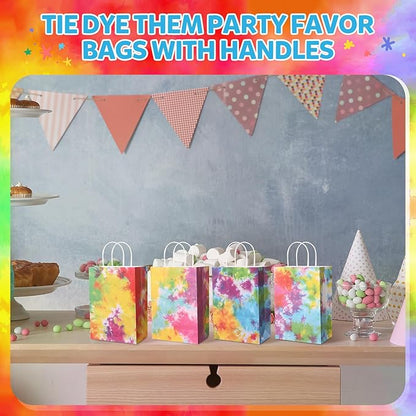 Gaillty 24 Pcs Tie Dye Party Favor Bags Camouflage Goodie Gift Bags with Handles Colorful Rainbow Paper Treat Candy Totes for Retro Theme Birthday Party Supplies Decorations