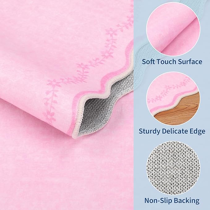 GarveeHome Round Area Rugs 4ft for Kids Room, Solid Pink Scalloped Washable Circle Rug Soft Non Slip Floral Print Floor Mat Carpet Indoor Thin Tent Rug for Bedroom Dining Room Playroom Nursery