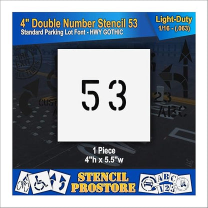 Pavement, Curb, and WheelStop Stencils - 4 inch Double Number Stencil - (53) - 4" x 5.5" x 1/16" (63 mil) - Light-Duty