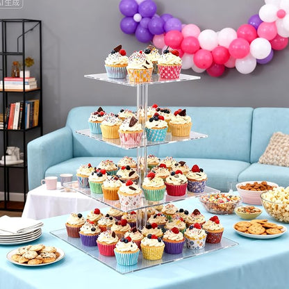 SHENLIU 2 Pack 4 Tier Acrylic Cupcake Stand for 50 Cupcakes, Large Square Cupcake Tower, Clear Acrylic Cupcakes Holder Display Dessert Stand for Birthday, Wedding, Baby Shower, Halloween, Party DéCor