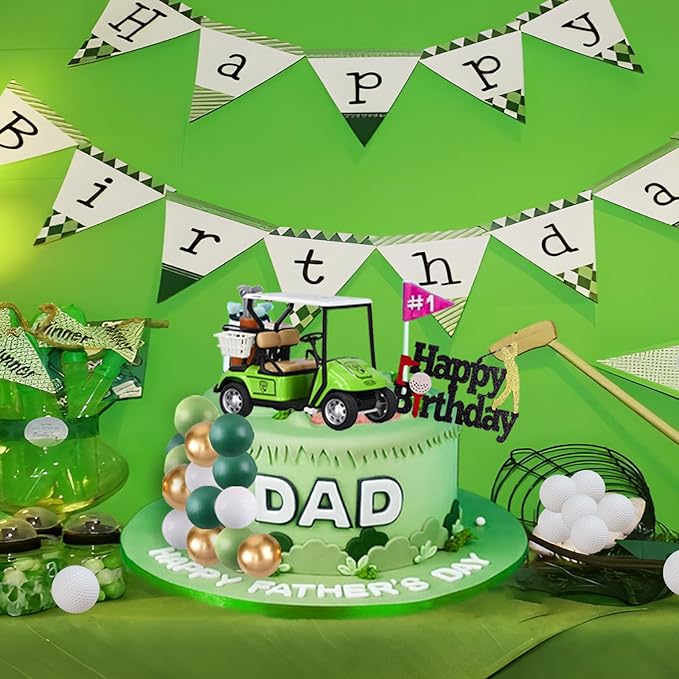 MEMOVAN Golf Cake Decorations Golf Birthday Cake Toppers Mini Golf Cart Toy Golf Theme Cake Decorations with Green Gold and White Ball Cake Topper for Golf Theme Party Supplies