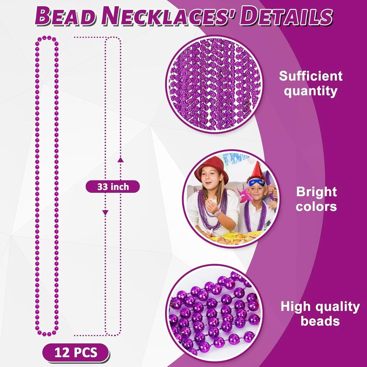 Mardi Gras Beads, 12PCS Purple Bead Necklace Party Favors, 33" Bead Necklaces Accessory Set, Festival Parade Throw Accessories for Halloween Mardi Gras Party Celebrations Decorations